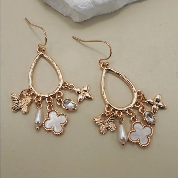 Clover Flower Butterfly Charm Earrings - Picture 2 of 2